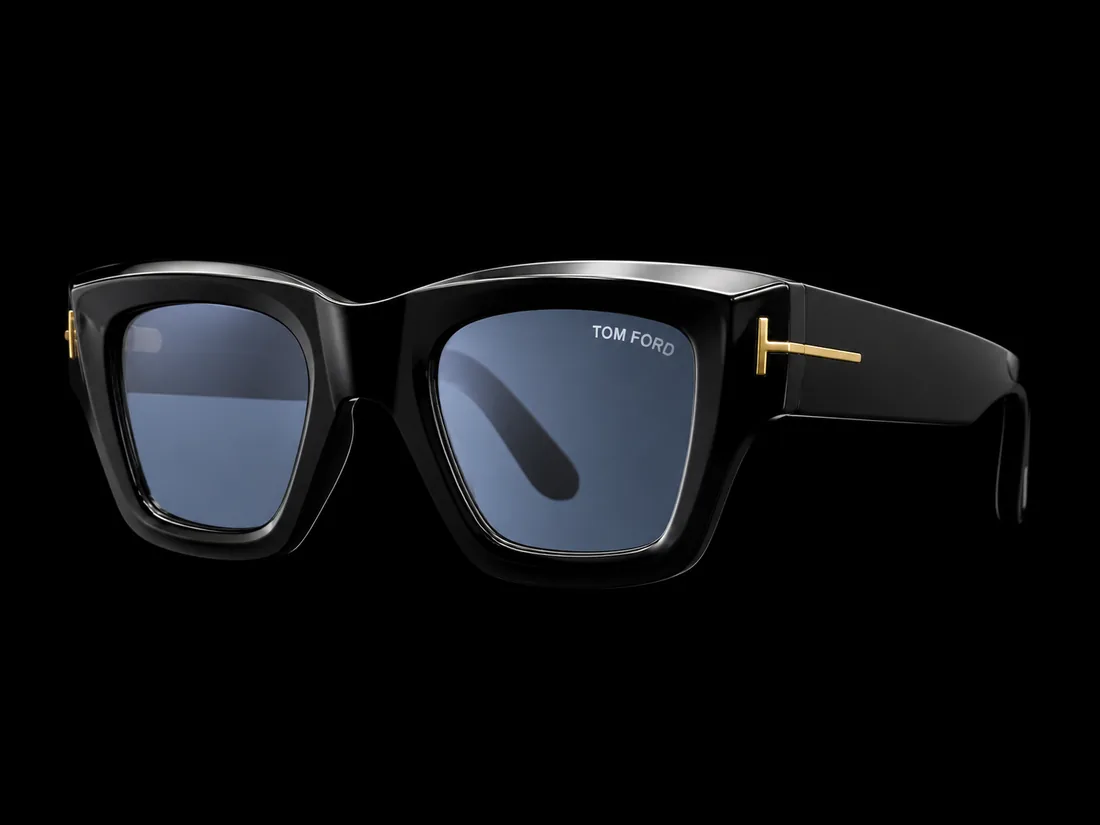 Sunglasses, Chunky Square Gold T-Hinge Blue Tint — Standard tier, The Outfit House