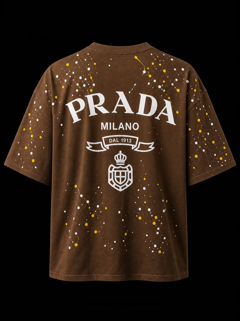 Oversized Tee, Brown Crest Splatter — Standard tier, The Outfit House