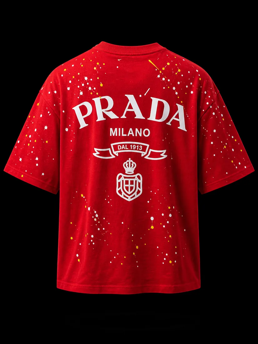 Oversized Tee, Red Crest Splatter — Standard tier, The Outfit House