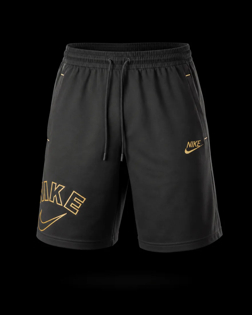 Logo Shorts, Black Olive Gold Print — Standard tier, The Outfit House